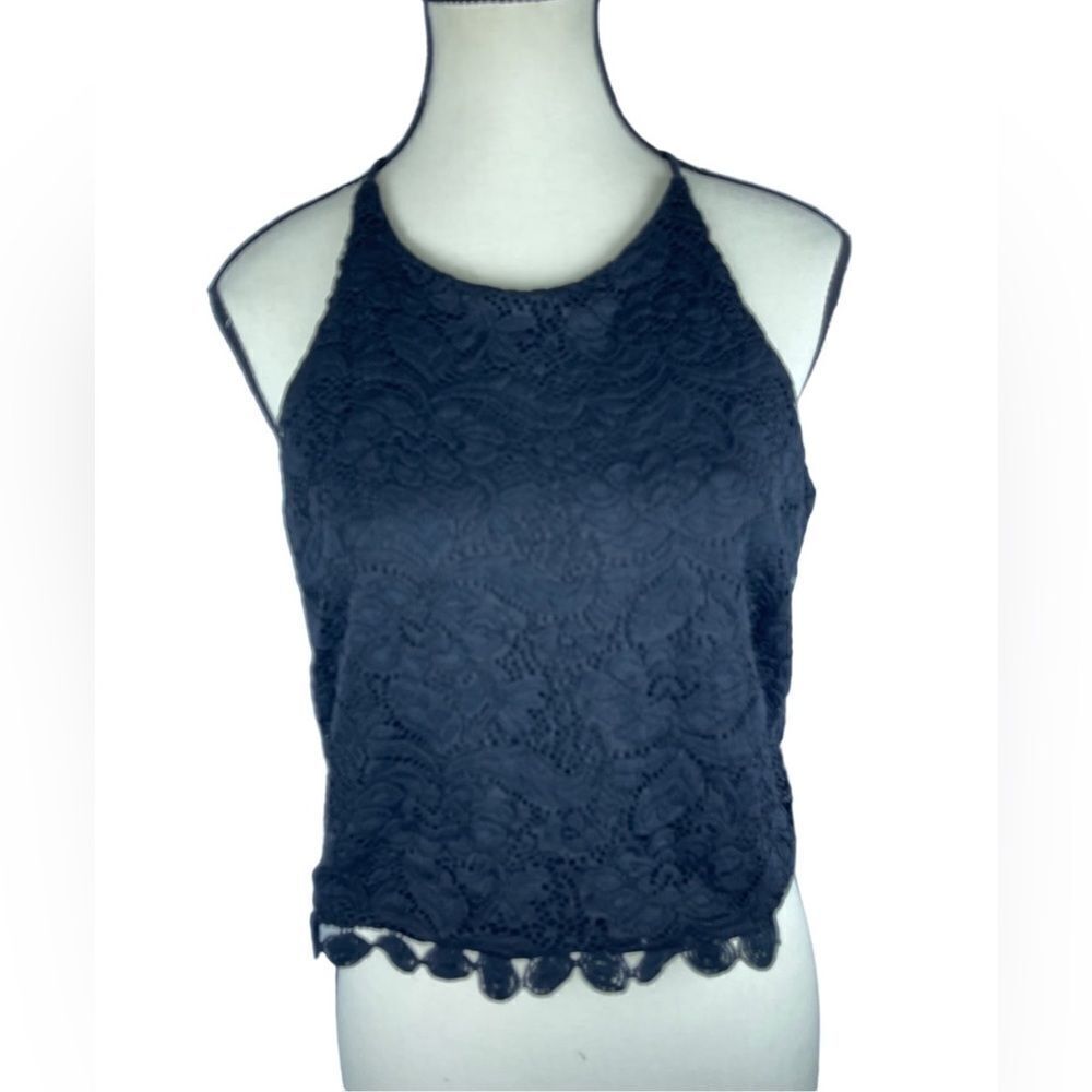 Sophie Rue black cropped boho lace scalloped hem tank top sz L back eyelet